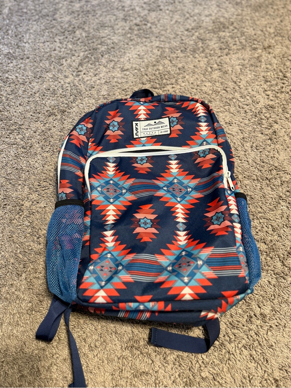 Kavu Navy Aztec Laptop Backpack with Red & Teal Accents